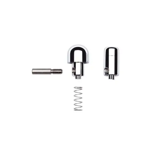 Vergangenheit zeigt mehrere chromfarbene Teile eines Thermostatgriffs, einschließlich eines Knopfes, einer Feder und eines Gewindeteils. Teile scheinen zur Installation in ein Badezimmer geeignet zu sein. Hansgrohe.